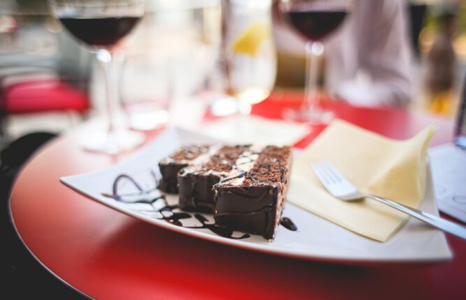 Sweet Yummy Chocolate Cake in the Morning with a Tea